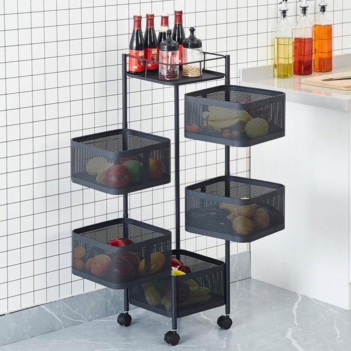 Desserte à Roulettes 5 Paniers Chariot à Roulettes Dépliables Meuble pour Cusine Salle de Bain Bureau Acier Noir