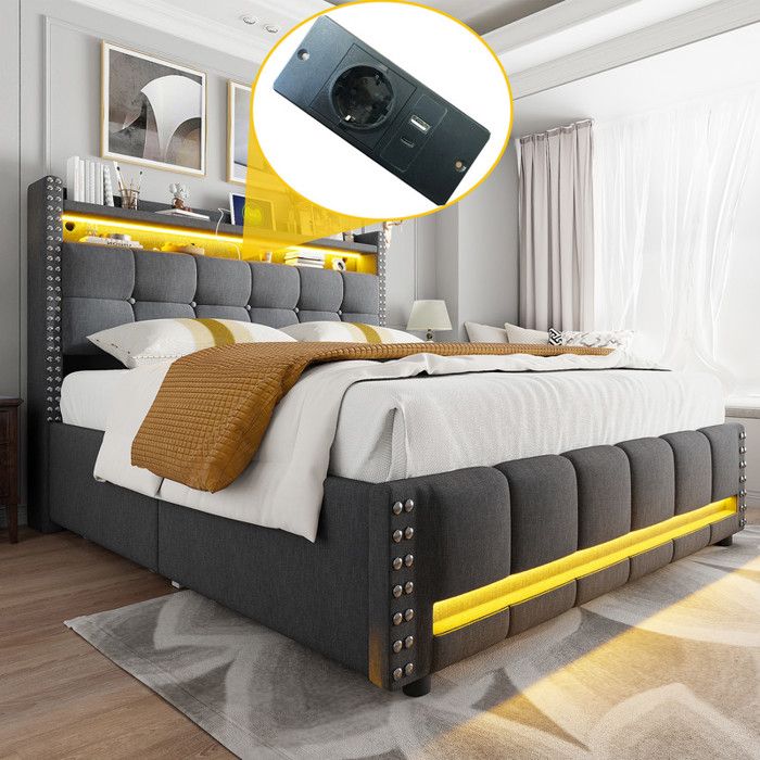 Lit Capitonné 160X200 cm avec Éclairage LED et Prise USBLit Double zvec Étagères et Rangement avec 4 Tiroirs Tissu Lin Gris