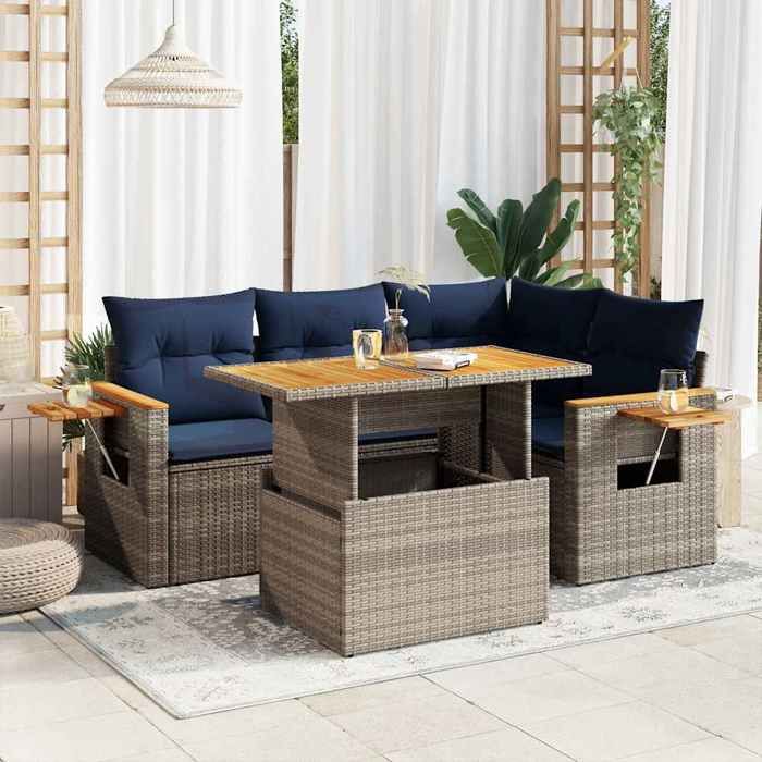 vidaXL Salon de jardin 5 pcs avec coussins résine tressée acacia - vue 2