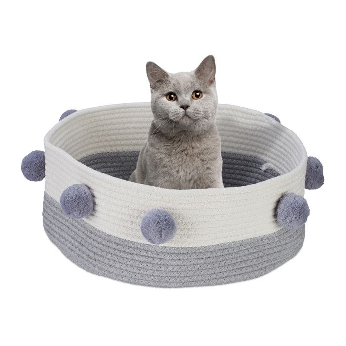 Relaxdays Panier pour chat et petit chien pompons coton corbeille tressée H x D : 165 x 41 cm gris et blanc