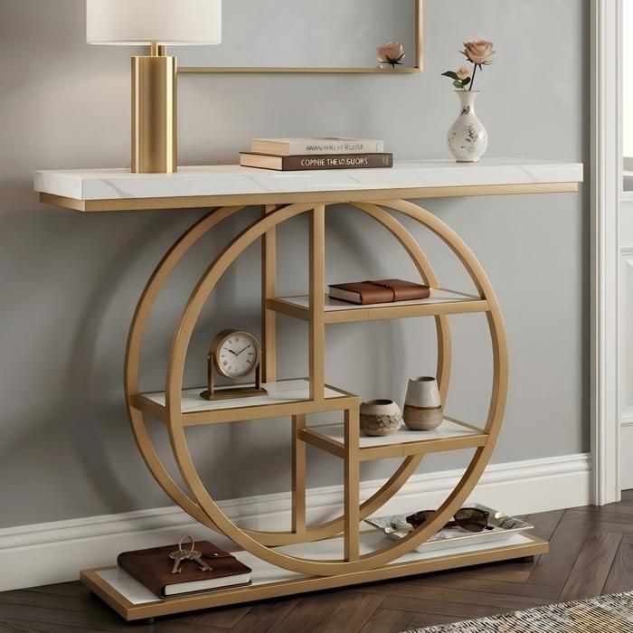 Table Console dorée - 105 x 30 x 80 cm - Moderne - Étagère de rangement - pour entrée Couloir entrée Salon (Blanc/Doré)