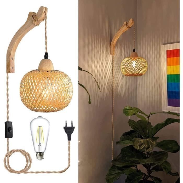 Applique Murale - PZCC - Vintage - Bois Massif - Rotin Naturel - E27