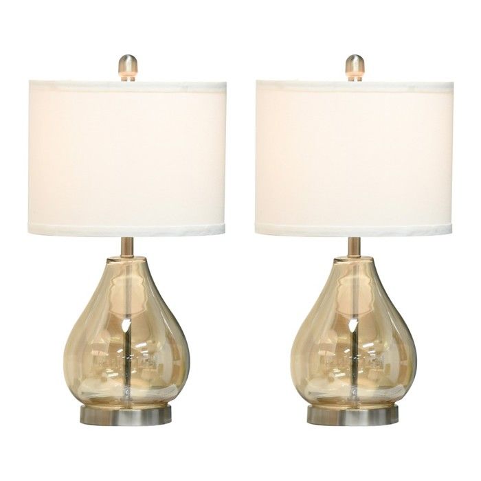 Lot de 2 lampes de chevet E27 40W design - Verre lin & acier - Abat-jour ambre - 30x56 cm