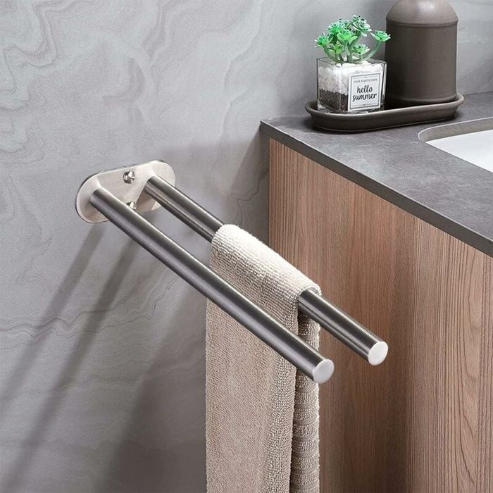 Porte-serviettes mural double barre acier inoxydable argent 396×10×25 cm — AIMOONSA