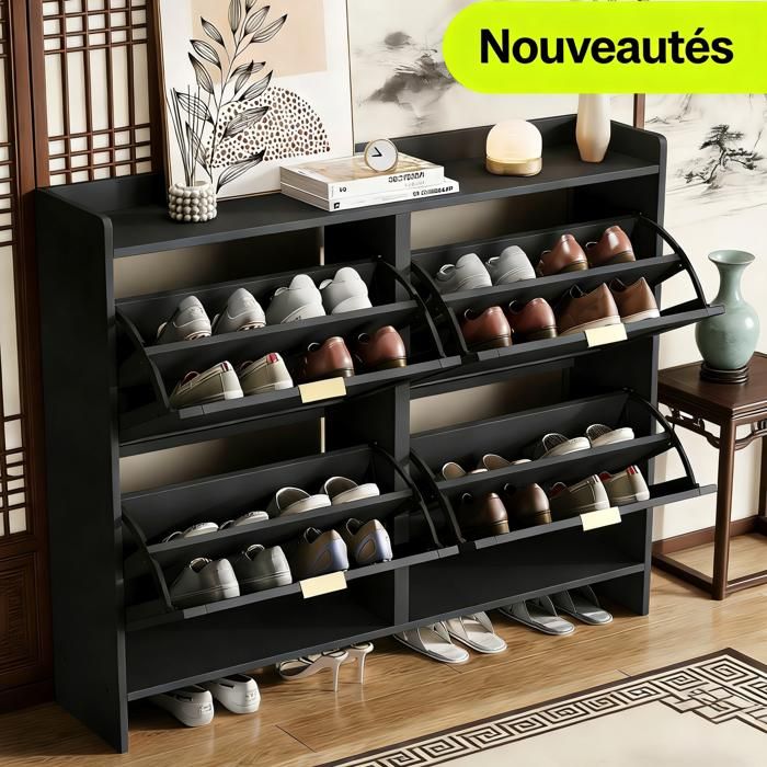 Meuble à chaussures 110x90x24cm avec 4 compartiments rabattables 24 paires pour une entrée ou un couloir noir