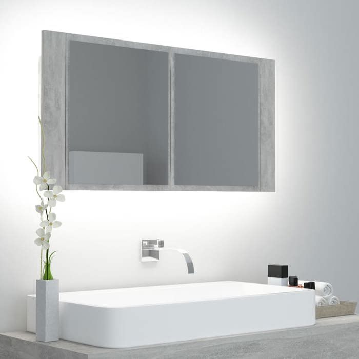 Armoire de salle de bain à miroir LED - VIDAXL - Gris béton - 90x12x45 cm - Lumière RVB - Acrylique - 60 kg capacité