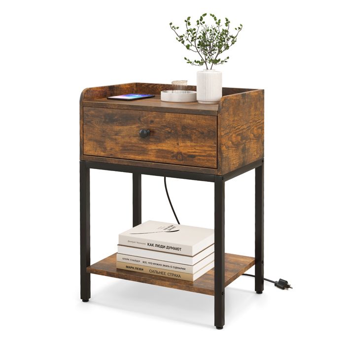 GIANTEX Tables de Chevet Style Industriel-Cadre en Métal-Tiroir-Étagère Ouverte-Table dAppoint-42x30x60 cm-Chambre Salon-Brun GIANTEX Tables de Chevet Style Industriel-Cadre en Métal-Tiroir-Étagère Ouverte-Table dAppoint-42x30x60 cm-Chambre Salon-Brun