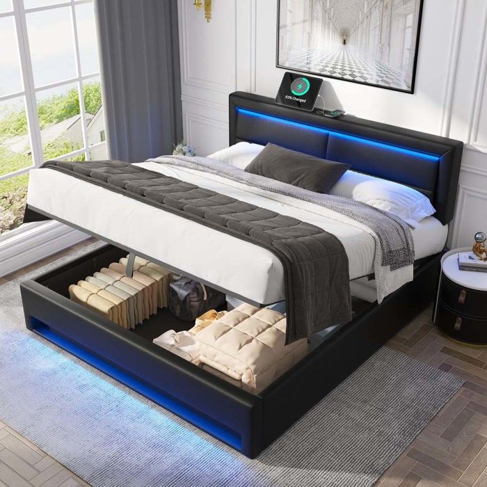 Lit coffre 140 x 190 - Rembourré PU - Port USB-C - Éclairage LED - Coffre de rangement