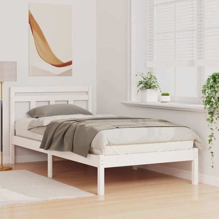 Structure de lit en pin massif - UU - Blanc - 90x190 cm - Cadre à lattes - Pin massif - Design moderne