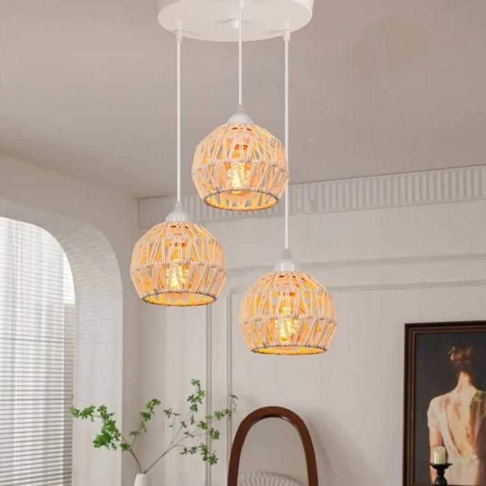 WOTTES 3 Lampes Suspension Luminaire Vintage Disque Lustre Industriel en Rotin Blanc et Métal Ø16cm Abat-jour Éclairage Cuisine