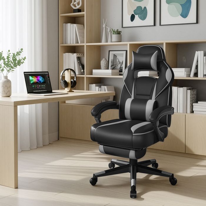 Fauteuil de Bureau Ergonomique Chaise Gaming avec Appui-Tête Coussin Lombaire Réglable en Hauteur Noir et Gris