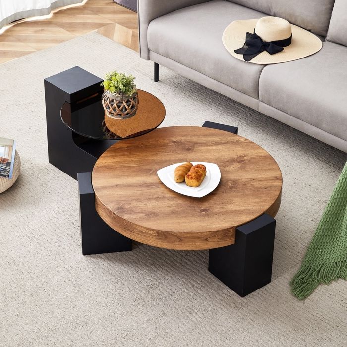 Table Basse Ronde Moderne à Deux Niveaux Plateau en Verre Marron Transparent et Pieds en MDF Noir en Forme de L Table dAppoint