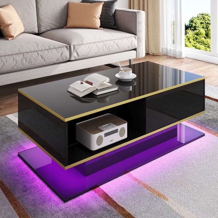 AMBIANCE Table Basse - 100x50x40 cm - Éclairage LED & 3 Tiroirs - Finition Brillante et Liseré Doré - Meuble de Salon en Bois Noir AMBIANCE Table Basse - 100x50x40 cm - Éclairage LED & 3 Tiroirs - Finition Brillante et Liseré Doré - Meuble de Salon en Bois Noir