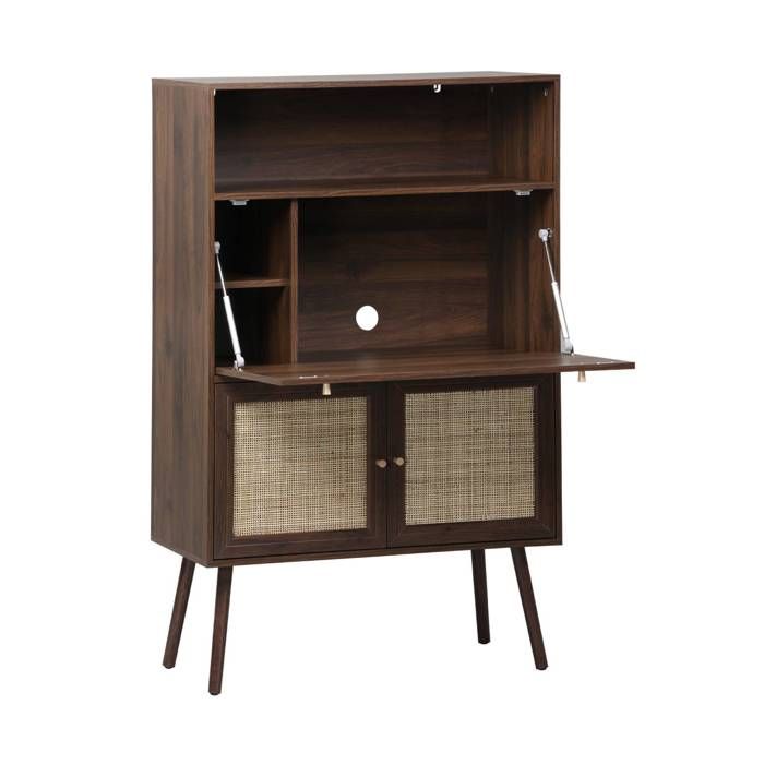 Bureau secrétaire décor bois et cannage 2 portes noyer - Boheme