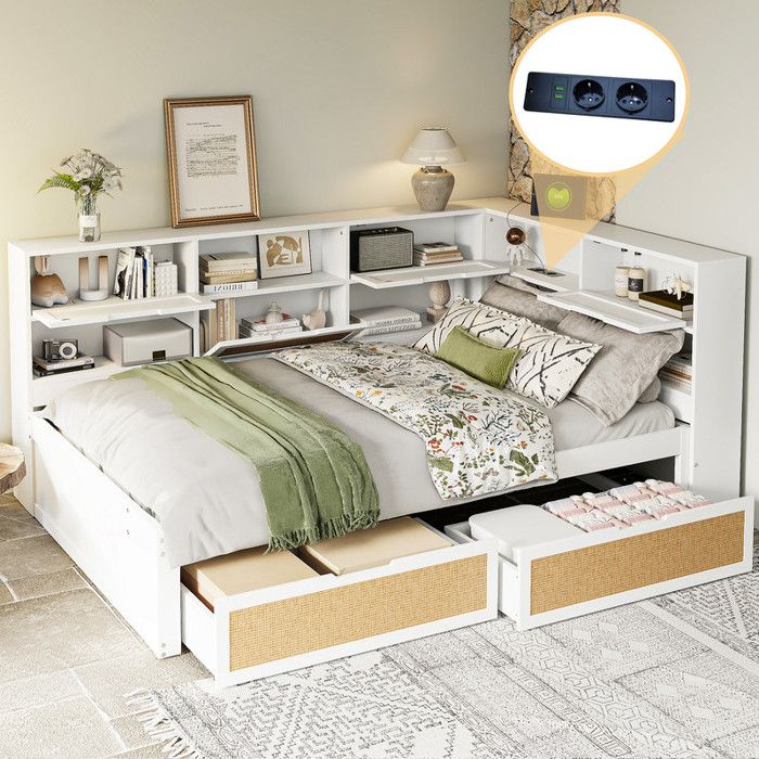 Canapé-Lit en Bois Massif 140x200 cm avec Tiroirs Lit Double Rembourré avec TêTe de Lit Lit avec Sommier à Lattes Blanc