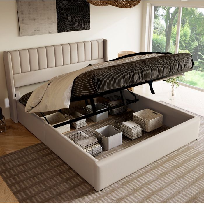 Lit coffre double hydraulique rembourré en lin beige avec tête de lit