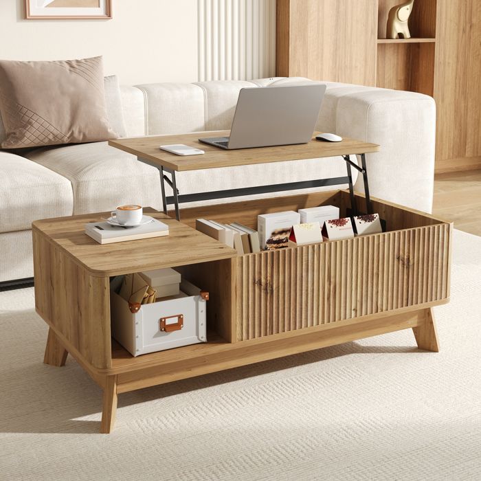 Table basse relevable naturel - compartiment latéral - MDF - 95 x 48 x 50 cm - chêne