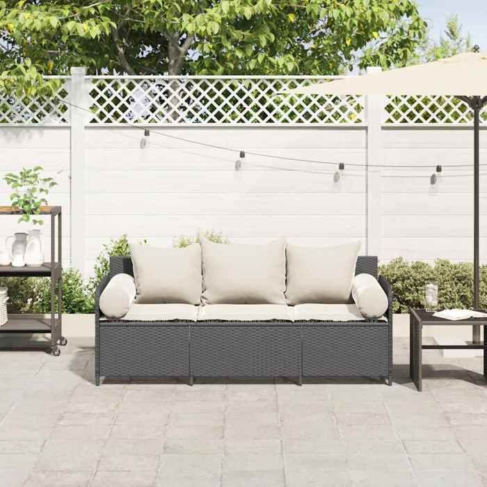 Noir Siège de jardin - Canapé de jardin - avec coussins - 3 places - noir résine tressée C3847