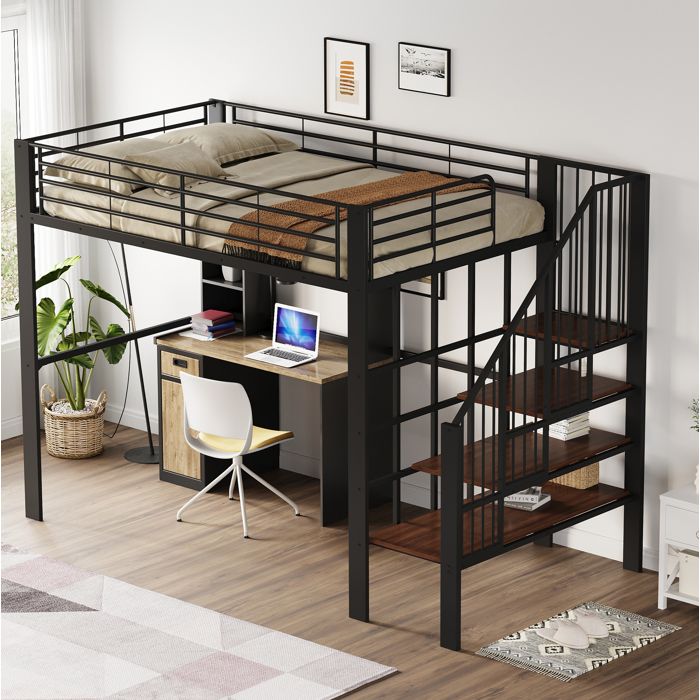 Lit mezzanine noir 140×200 cm escalier intégré grand espace dessous structure solide sans matelas