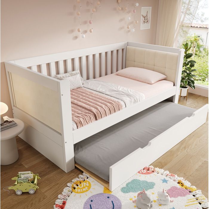 Lit Enfan 90x200 Cm Avec Lit Gigogne 90x190 Cm accoudoirs Arrondis Pin Blanc