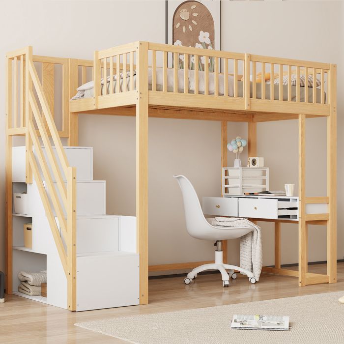 LPOSPI Lit mezzanine enfant 90x200 cm avec bureau et escalier de rangement pin massif blanc et chêne sans matelas.