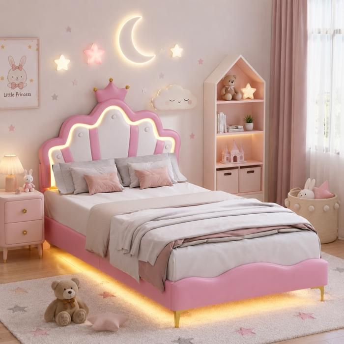 Lit Enfant Rembourré 90x200 cm avec LED Lit Simple pour Fille Adolescent Lit princesse en Forme de Couronne PU Rose