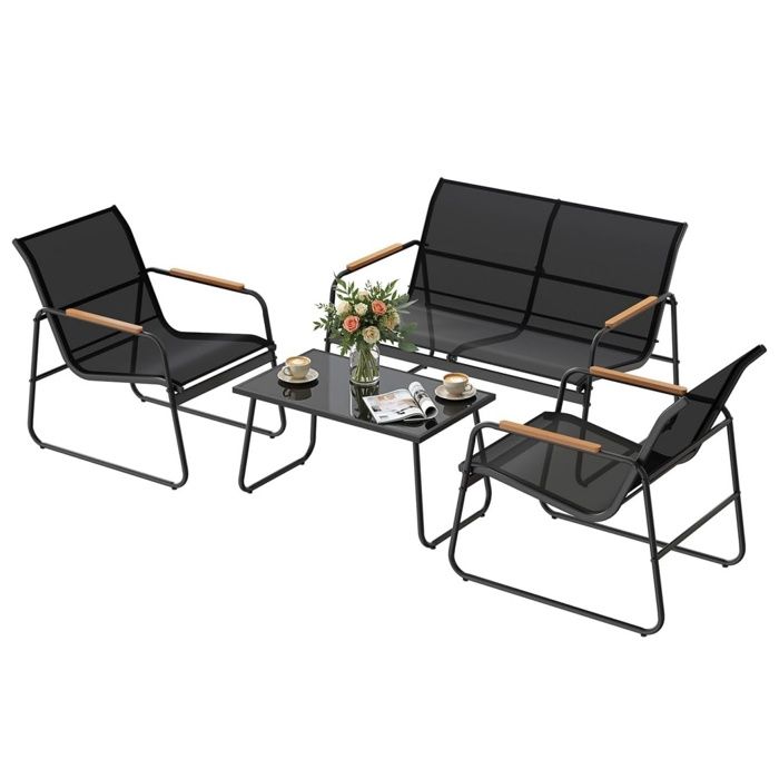 WOLTU Salon de Jardin Extérieur pour 4 Personnes Ensemble de Meubles de Jadin avec Structure Métallique Tissu Polyester Noir