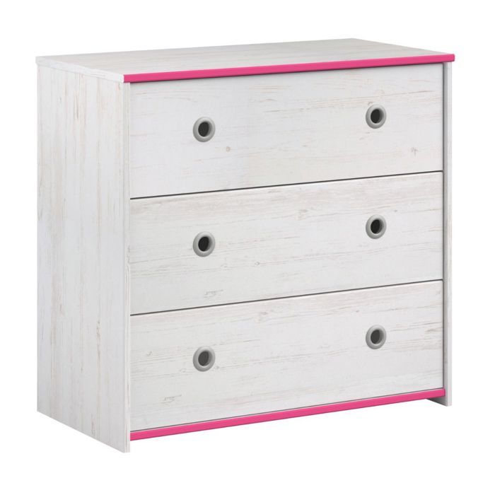 Commode 3 tiroirs aspect bois blanchi avec chants roses en façade - MISYLIA Commode 3 tiroirs aspect bois blanchi avec chants roses en façade - MISYLIA