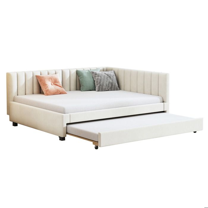 Banquette-lit 140x200 velours beige lit polyvalent avec sommier à lattes idéal ado enfant ou invités