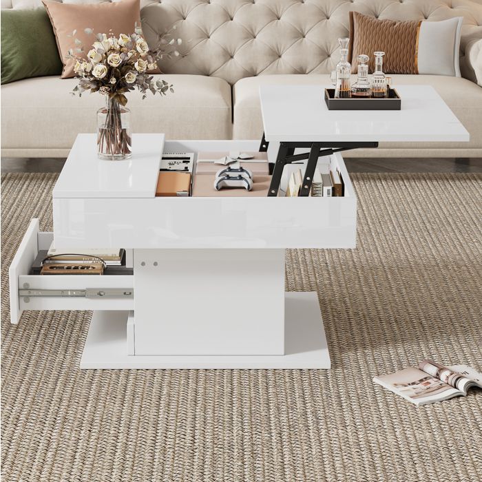 Table basse relevable carrée avec rotation 360° rangement caché et 1 tiroir blanc brillant 70x70x45 cm Grjofek