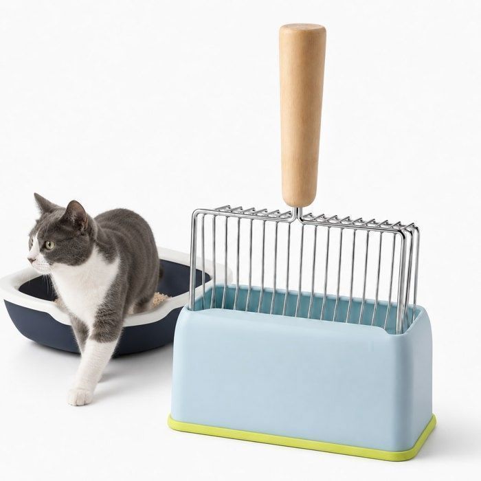 Pelle à litière chat en métal inox avec manche bois naturel support inclus grille rigide anti-corrosion