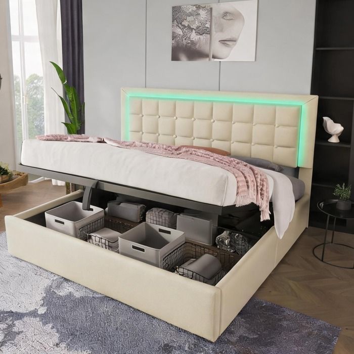 Sommier coffre 140x200 cm avec LED et lattes - revêtement similicuir white-toned