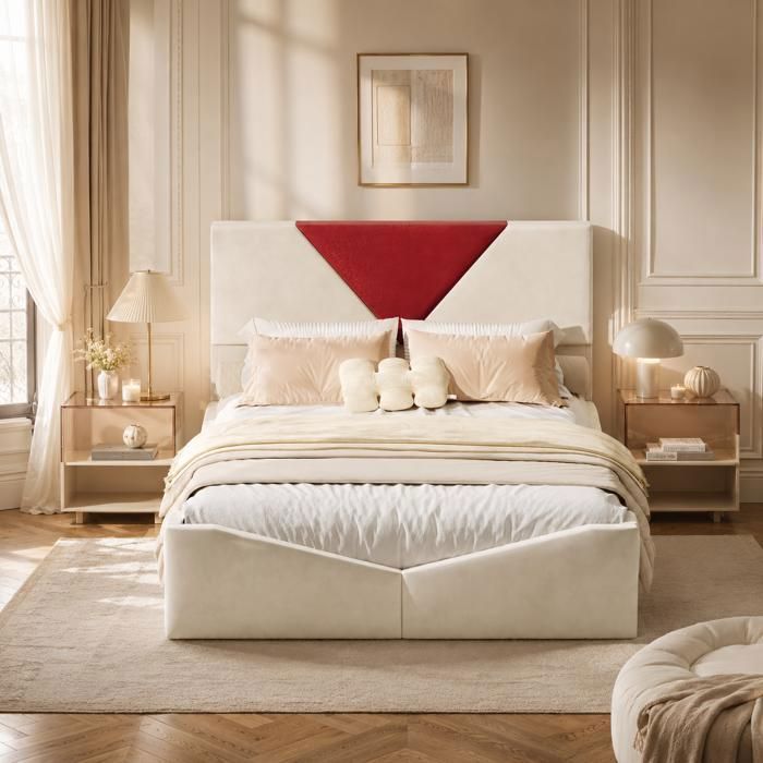 Lit coffre Structure de lit 140x200 cm Lit capitonné avec 4 tiroirs Velours beige Tête capitonnée Sommier à Lattes Moderne