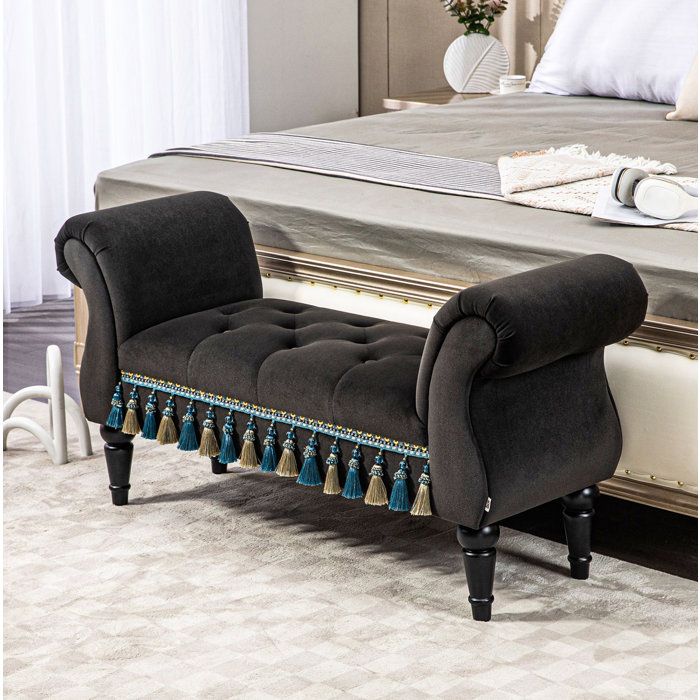 Banquette de chambre avec rangement et accoudoirs 117 x 40 x 58 cm gris fonce style vintage