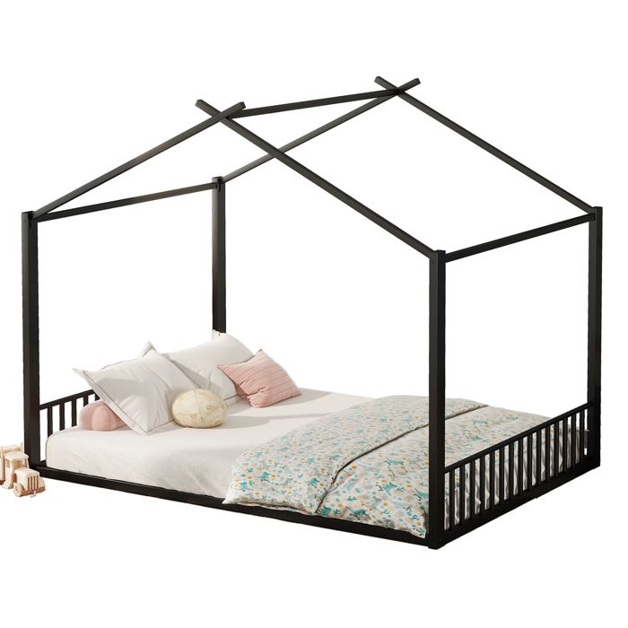 ELVORIN Lit cabane enfant 140 x 200 cm structure en métal noir sommier à lattes montage à faire soi-même charge maximale 150 kg