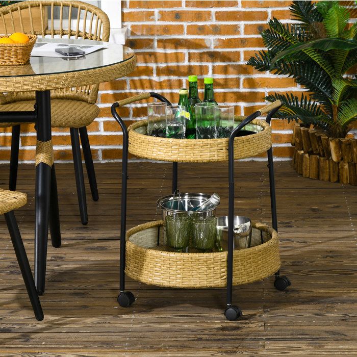 Desserte ronde à 2 niveaux avec roulettes - ELVMI - pour cuisine et extérieur en polyrattan jaune 50 × 50 × 66 cm
