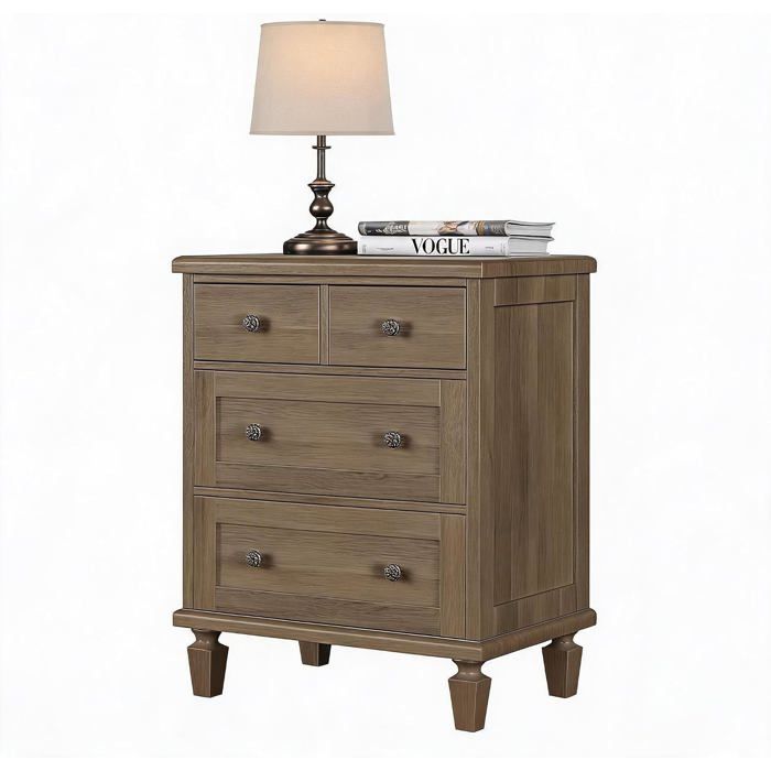 Commode Vintage 4 Tiroirs Noir en Bois Vieilli Meuble de Rangement Pieds Fuselés et Poignées Sculptées pour Chambre