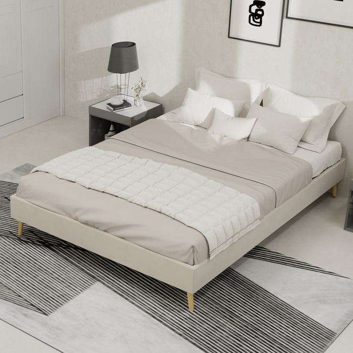 Cadre de lit 140x200 cm beige velours rembourré style moderne mobilier de chambre à coucher