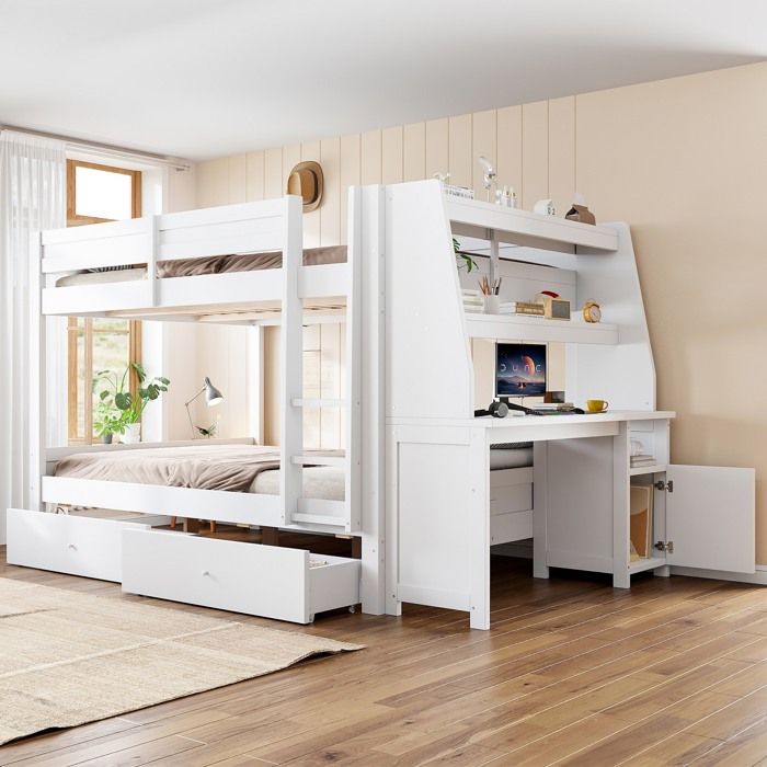 Lit superposé lit enfant 140x200 cm grand lit superposé placard latéral modulable bureau étagères tiroirs et rangements blanc