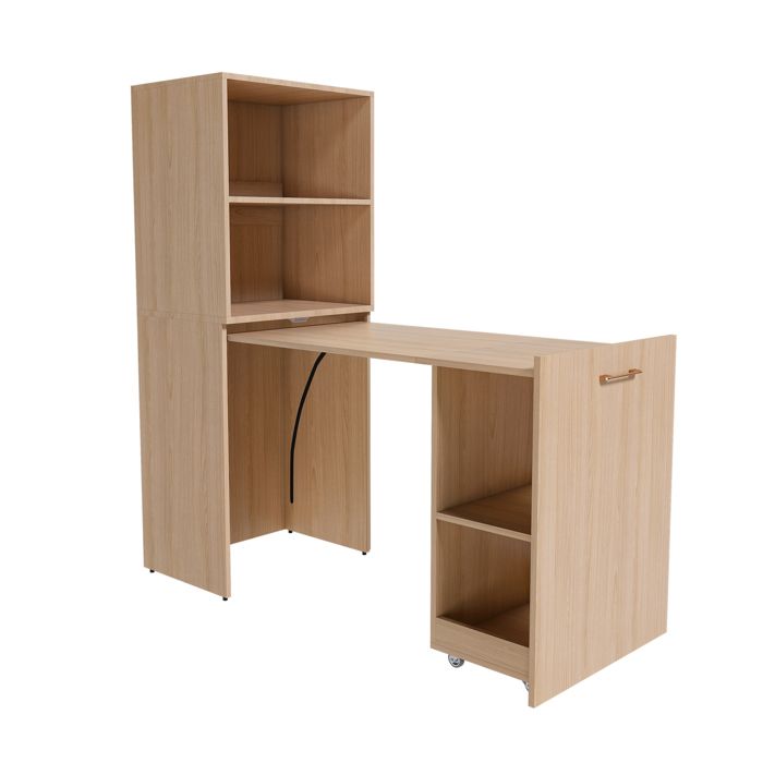 Secrétaire armoire extensible avec plateau coulissant rangement intégré MDF bois naturel