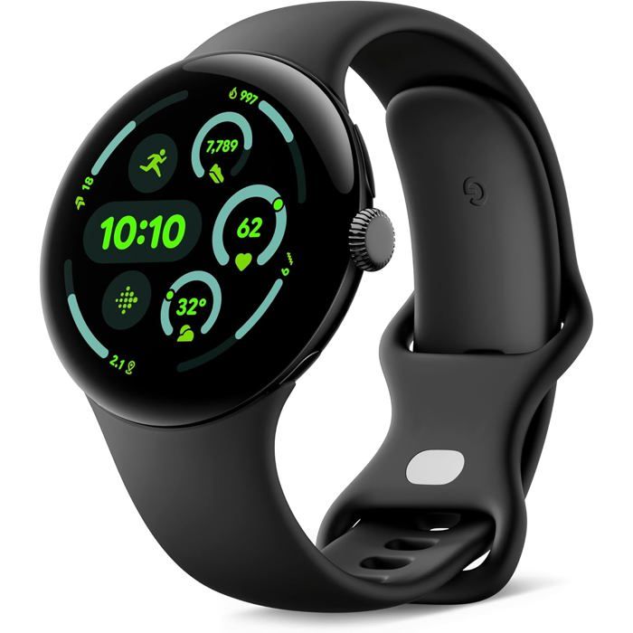 Google Pixel Watch 3 45 mm Boîtier Noir Mat Bracelet Noir Volcanique Wi-Fi