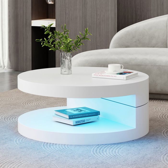 Table basse - SOGEU - Cylindrique 70x70x40 5 cm - Plateau pivotant 360° - LED 16 couleurs - 2 niveaux (MDF blanc)
