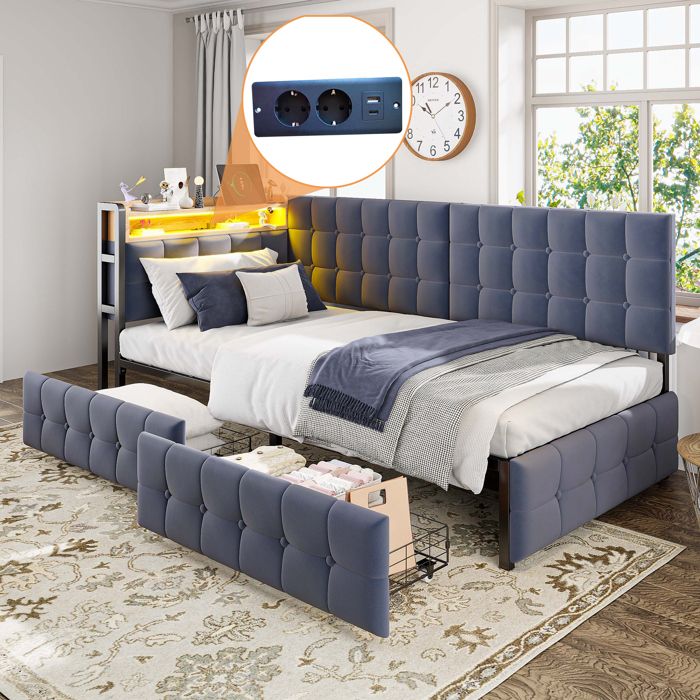Lit enfant 208.5x99x83.5 cm Gris Velours avec LED USB-C et 2 tiroirs pour couchage modulable