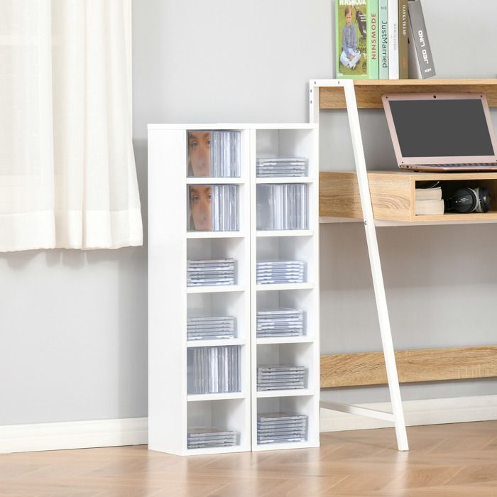 Meuble range CD lot de 2 colonnes à 6 compartiments 160 CD au total base anti-basculement étagère DVD 21 x 19 x 88 cm blanc