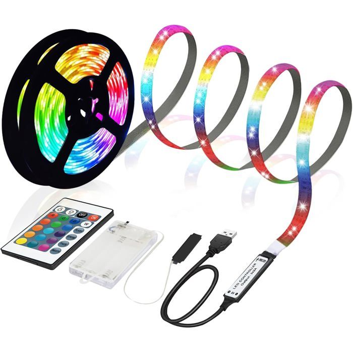 Ruban LED RGB 5050 5M USB/Piles Bande LED Flexible Multicolore Télécommande 16 Couleurs TV Meuble Escalier
