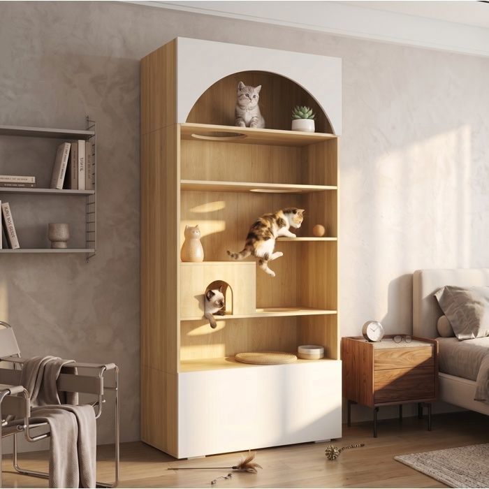 Armoire pour chat multifonction 90 x 50 x 202 cm avec niche plateformes d’escalade et rangement