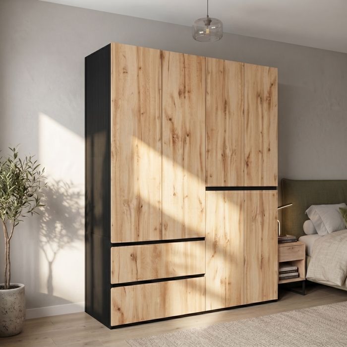 Armoire - ZEVKOR - 6 portes battantes - 5 tiroirs - 2 tringles - 180×50×200 cm