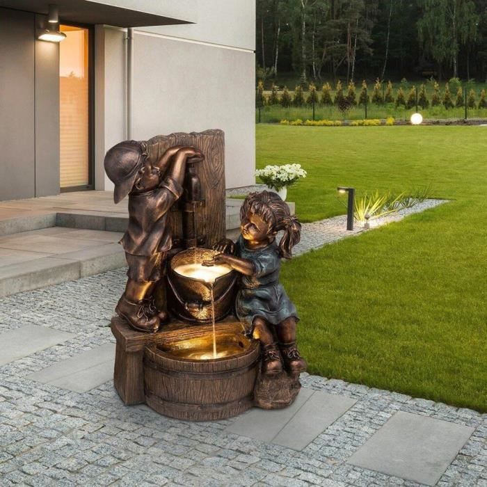 Akozon Statue de jardin en résine Boy and Girl, fontaine d'eau sous pression, ornements d'extérieur pour jardin et parterre de