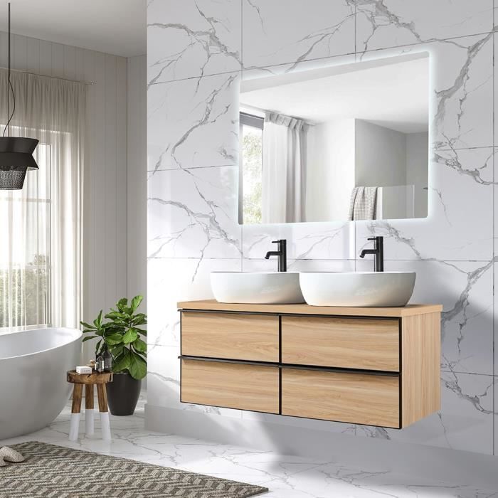 LuxuryBain - Meuble de salle de bain double vasque 120cm chêne clair avec miroir led