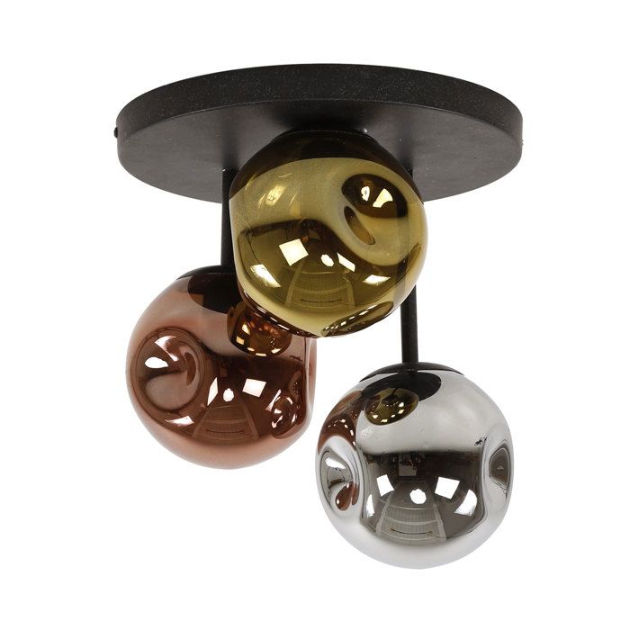 Plafonnier rond 3 lampes 30 cm en verre doré cuivré et chromé - TAHOE